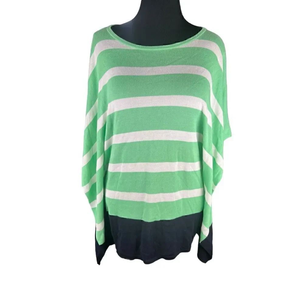 Talbots green and white striped waterfall poncho sweater L/XL New